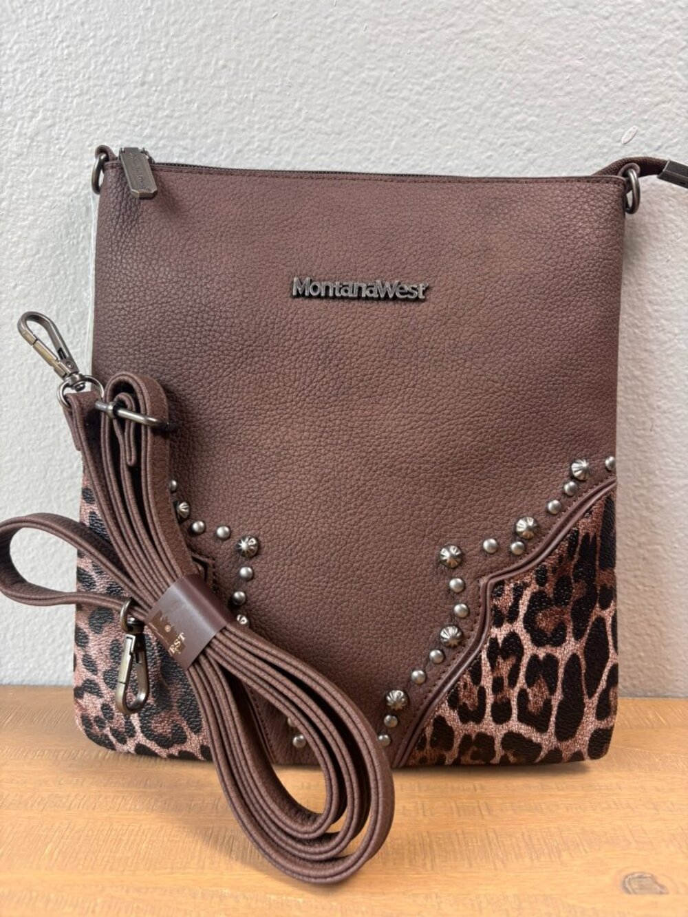 Montana West Coffee Brown Studded Leopard Print Crossbody Bag NWOT